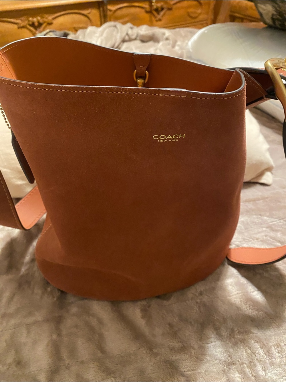 Coach Brown Leather Bucket Shoulder Bag with Gold Logo